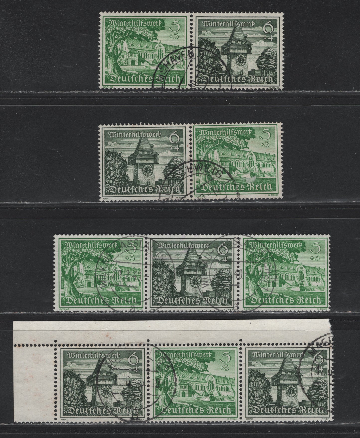Lot 145 Germany SC#B162-B163 (W136-W139) 5pf+3pf - 6pf+4pf Emerald - Dark Green , 1939 Buildings Winter Relief Semi Postal Issue, 4 Fine/Very Fine Used Horizontal Booklet Pairs & Strips