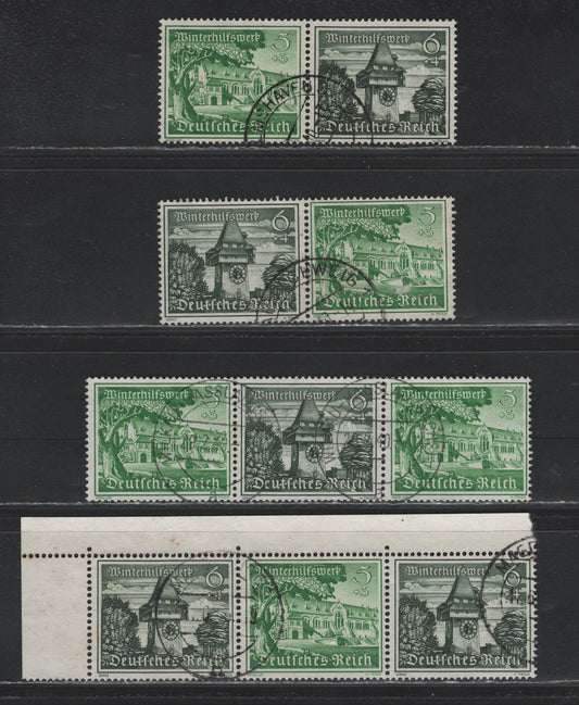 Lot 145 Germany SC#B162-B163 (W136-W139) 5pf+3pf - 6pf+4pf Emerald - Dark Green , 1939 Buildings Winter Relief Semi Postal Issue, 4 Fine/Very Fine Used Horizontal Booklet Pairs & Strips