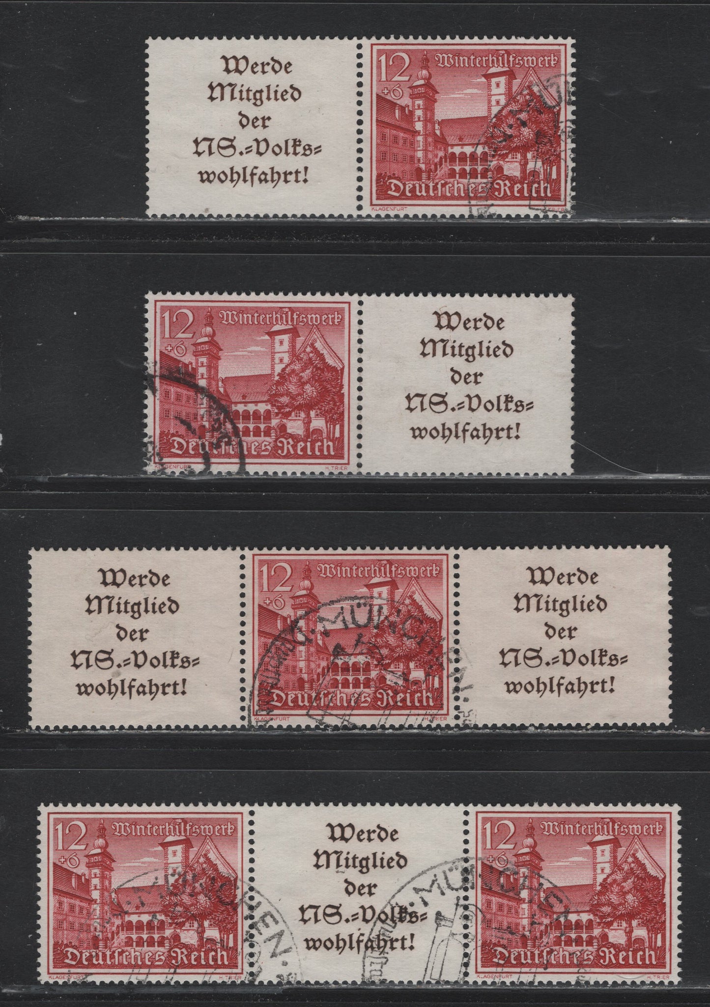 Lot 146 Germany SC#B165 (W140-W143) 12pf+6pf Dark Carmine , 1939 Buildings Winter Relief Semi Postal Issue, 4 Fine/Very Fine Used Horizontal S-L & L-S Booklet Pairs & S-L-S & L-S-L Booklet Strips Of 3