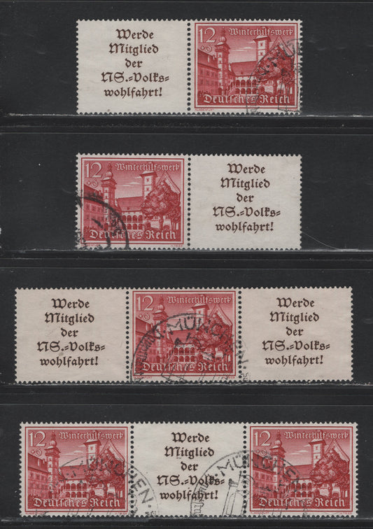 Lot 146 Germany SC#B165 (W140-W143) 12pf+6pf Dark Carmine , 1939 Buildings Winter Relief Semi Postal Issue, 4 Fine/Very Fine Used Horizontal S-L & L-S Booklet Pairs & S-L-S & L-S-L Booklet Strips Of 3