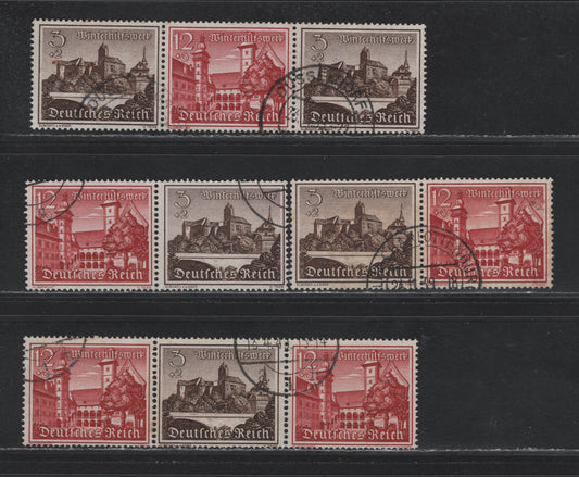 Lot 147 Germany SC#B160, B165 (W144-W147) 3pf+2pf - 12pf+6pf Dark Brown - Dark Carmine , 1939 Buildings Winter Relief Semi Postal Issue, 4 Fine/Very Fine Used Horizontal Booklet Pairs & Strips