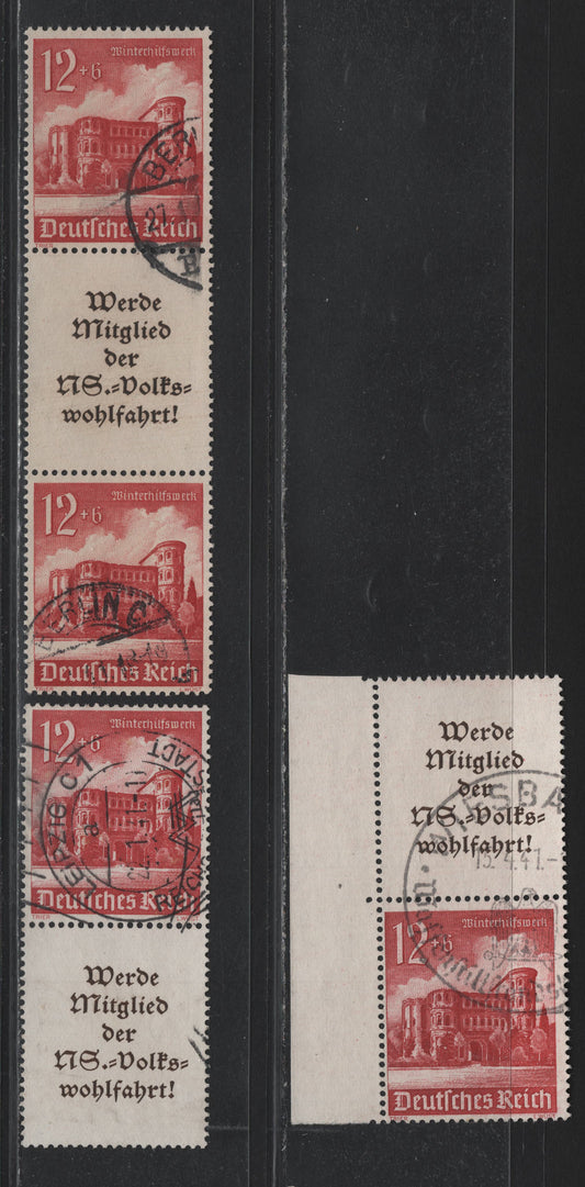 Lot 150 Germany SC#B182 (S262-S264) 12pf+6pf Carmine , 1940 Buildings Winter Help Issue, 3 Fine/Very Fine Used Vertical L-S & S-L Booklet Pairs & S-L-S Booklet Strip