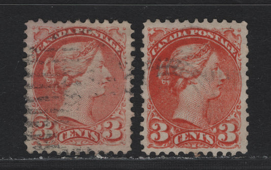 Lot 15 Canada #37e,iii 3c Red - Red Orange Queen Victoria, 1870-1893 Small Queen Issue, A Very Fine Used Single, Perf 11.75x12, MM-J & MM-G Papers