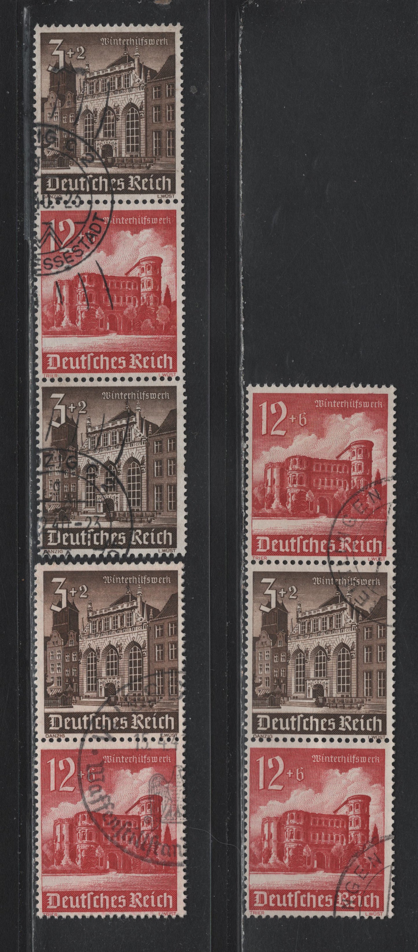 Lot 151 Germany SC#B177, B182 (S266-S269) 3pf+2pf - 12pf+6pf Dark Brown - Carmine , 1940 Buildings Winter Help Issue, 3 Fine/Very Fine Used Vertical Booklet Pairs & Strips
