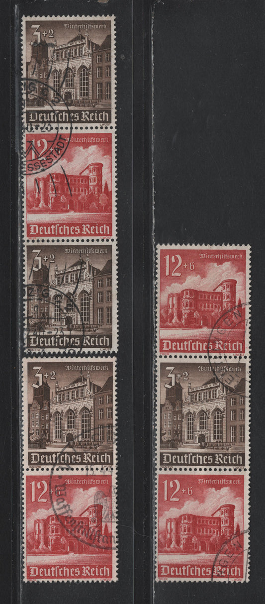 Lot 151 Germany SC#B177, B182 (S266-S269) 3pf+2pf - 12pf+6pf Dark Brown - Carmine , 1940 Buildings Winter Help Issue, 3 Fine/Very Fine Used Vertical Booklet Pairs & Strips