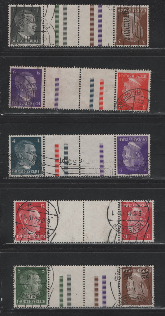 Lot 152 Germany SC#506/513 (KZ37-41) 1pf - 12pf Gray Black - Carmine , 1941-1944 Hitler Heads Issue, 5 Fine/Very Fine Used Tete-Beche Booklet Cutter Pairs, Cancelled With Mostly 1941 Machine Cancels