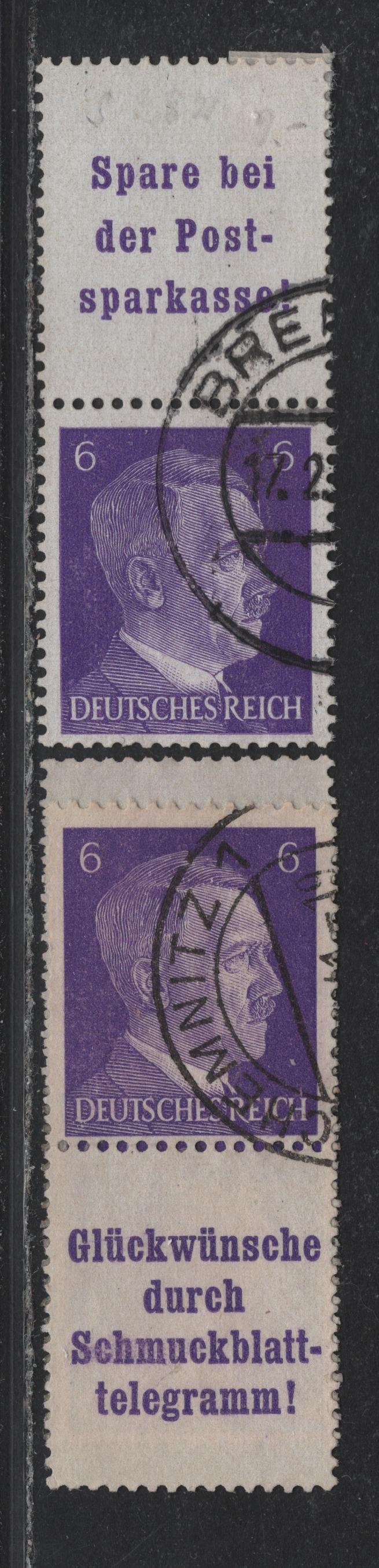 Lot 155 Germany SC#510 (S282, S286, S288) 6pf Violet , 1941-1944 Hitler Heads Issue, 2 Fine/Very Fine Used Vertical L-S & S-L Booklet Pairs