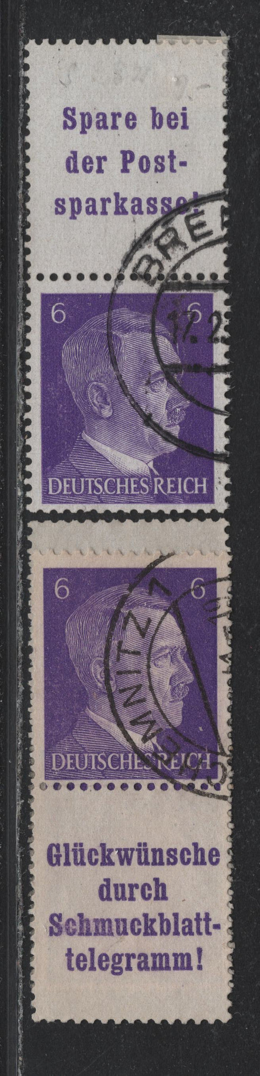 Lot 155 Germany SC#510 (S282, S286, S288) 6pf Violet , 1941-1944 Hitler Heads Issue, 2 Fine/Very Fine Used Vertical L-S & S-L Booklet Pairs