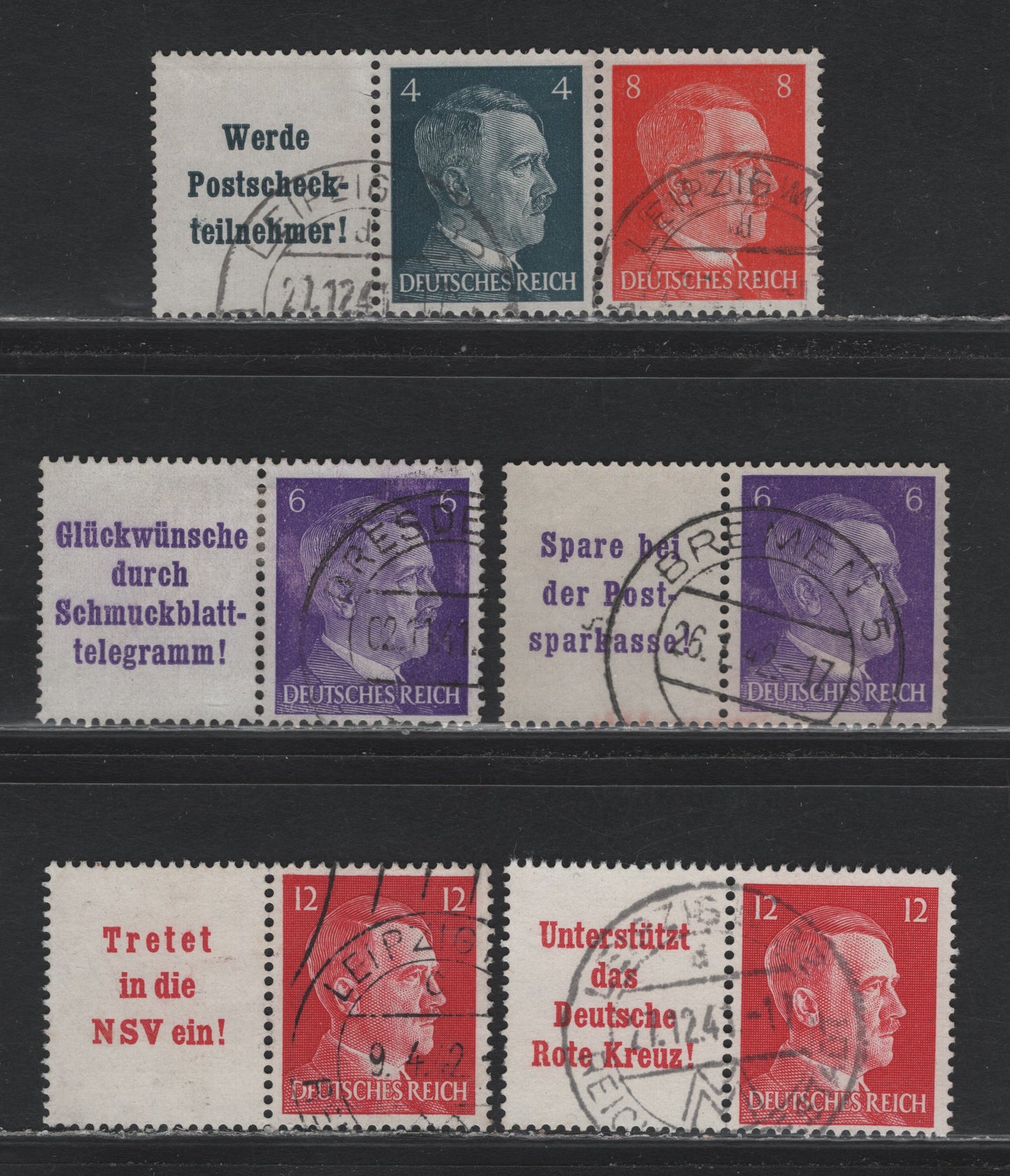 Lot 157 Germany SC#508/513 (W153-W157) 4pf - 12pf Slate - Bright Carmine , 1941-1944 Hitler Heads Issue, 5 Fine/Very Fine Used Horiz L-S Booklet Pairs & L-S-S Booklet Strip