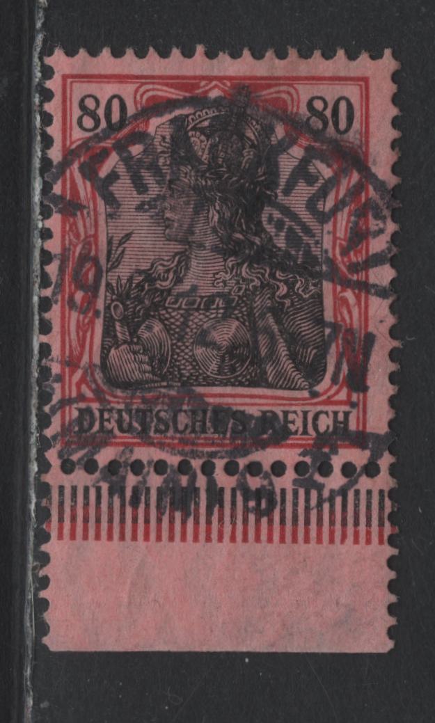 Lot 159 Germany SC#91a 80pf Black & Lake on Rose , 1905-1914 Germania Issue, A Fine Used Bottom Sheet Margin Single, Peacetime Printing With September 19 1912 Frankfurt Cancel