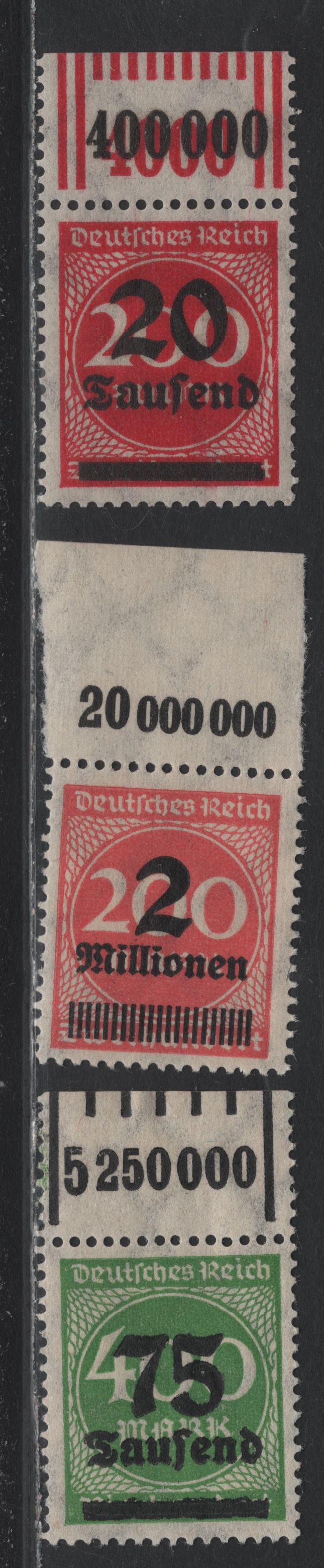Lot 162 Germany SC#246, 251, 269 (309APaOR, 282IIPOR, 287POR) 20th on 200m - 2mil on 200m Carmine - Rose , 1923 Surcharges, 3 VFNH Top Sheet Margin Singles, Value Counters
