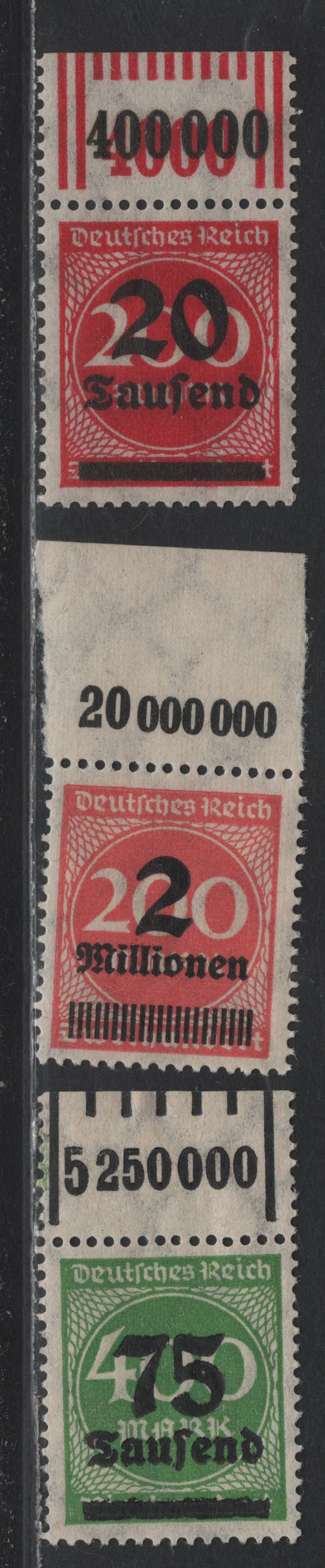Lot 162 Germany SC#246, 251, 269 (309APaOR, 282IIPOR, 287POR) 20th on 200m - 2mil on 200m Carmine - Rose , 1923 Surcharges, 3 VFNH Top Sheet Margin Singles, Value Counters