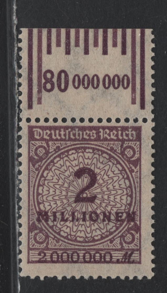 Lot 163 Germany SC#282a (315AbPOR) 2m Blackish Brown Violet , 1923 Numeral On Rosette Issue, A FNH Top Sheet Margin Single, Value Counters, Rotary Press Printing