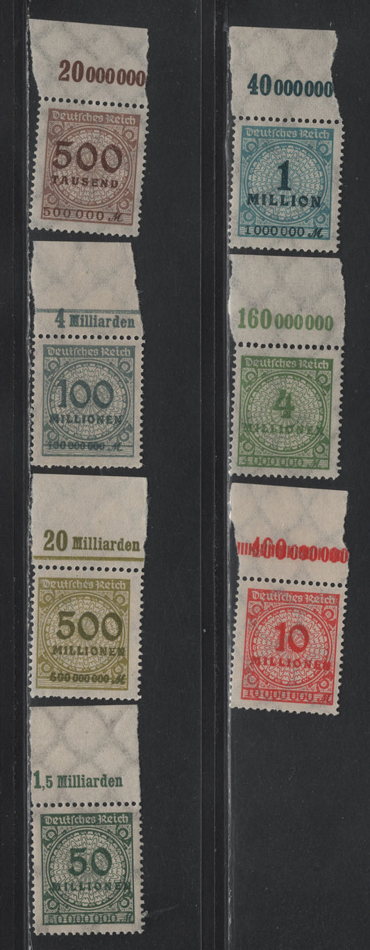 Lot 164 Germany SC#280/293 (313APOR/324APOR) 500th - 500mil Brown - Olive Green , 1923 Numeral On Rosette Issue, 7 F/VFNH Top Sheet Margin Singles, Value Counters, NH On Stamp, Hinged On Selvedge.