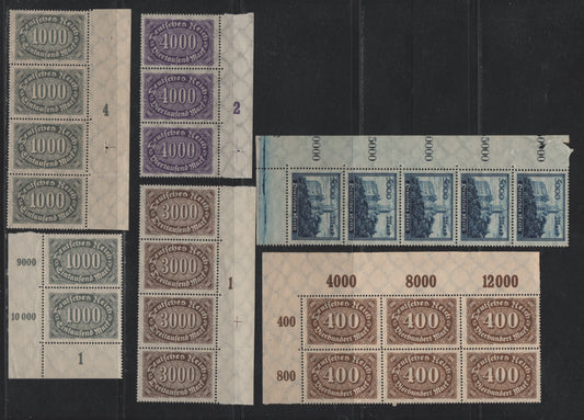 Lot 167 Germany SC#202, 204, 206-207, 237 400m - 5000m Bistre - Deep Blue , 1922-1923 Numeral - Castles Issue, 6 VFNH Blocks & Strips, Counters & Guide Crosses