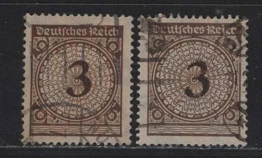 Lot 170 Germany SC#323 (338wa-b) 3pf Dark Orange Brown & Blackish Brown , 1923 Revalued Florette Numeral Issue, 2 Very Fine Used Singles, Rotary Press Printings