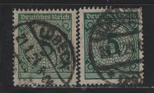 Lot 172 Germany SC#324 (339wa-b) 5pf Dark Green & Blackish Opal Green , 1923 Revalued Florette Numeral Issue, 2 Fine Used Singles, Rotary Press Printings, Typical Heavy CDS Cancels