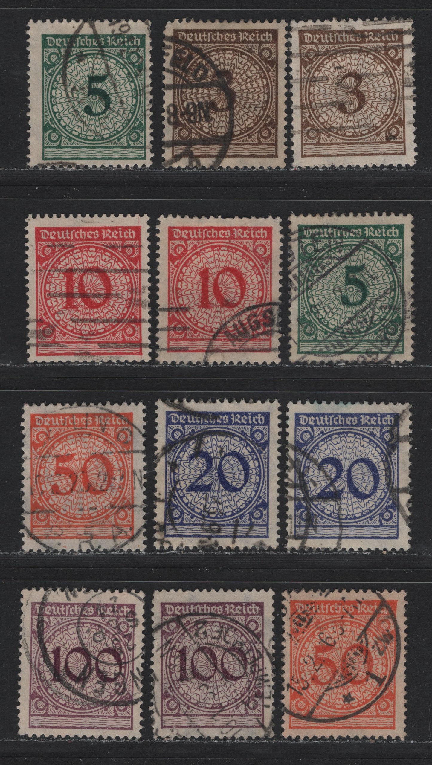 Lot 174 Germany SC#323-328 (338Pa-343P, 338wa-343w) 3pf - 100pf Dark Orange Brown - Blackish Violet Purple , 1923 Revalued Florette Numeral Issue, 12 Fine/Very Fine Used Singles, Complete Set of Flat Plate & Rotary Press Printings