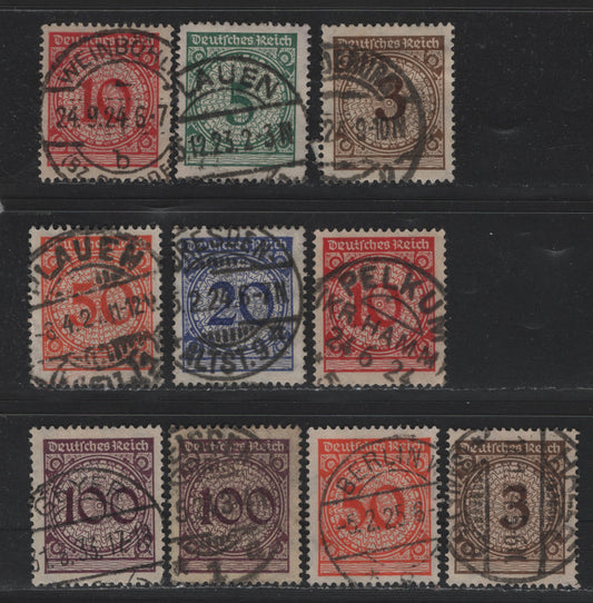 Lot 175 Germany SC#323-328 (338Pa-343P, 338wa-343w) 3pf - 100pf Dark Orange Brown - Blackish Violet Purple , 1923 Revalued Florette Numeral Issue, 10 Fine/Very Fine Used Singles, As Lot 174, But Without The Rotary Press 20pf & Readable Town Cancels