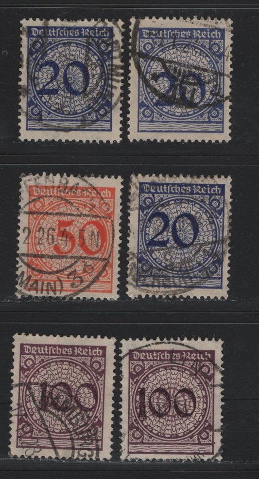 Lot 176 Germany SC#326-328var (341P, 342P, 343P) 20pf - 100pf Dark Lilac Ultramarine - Blackish Violet Purple , 1923 Revalued Florette Numeral Issue, 6 Very Fine Used Singles, Flat Plate Printings With Misplaced Numerals, All Shifted Out of Center
