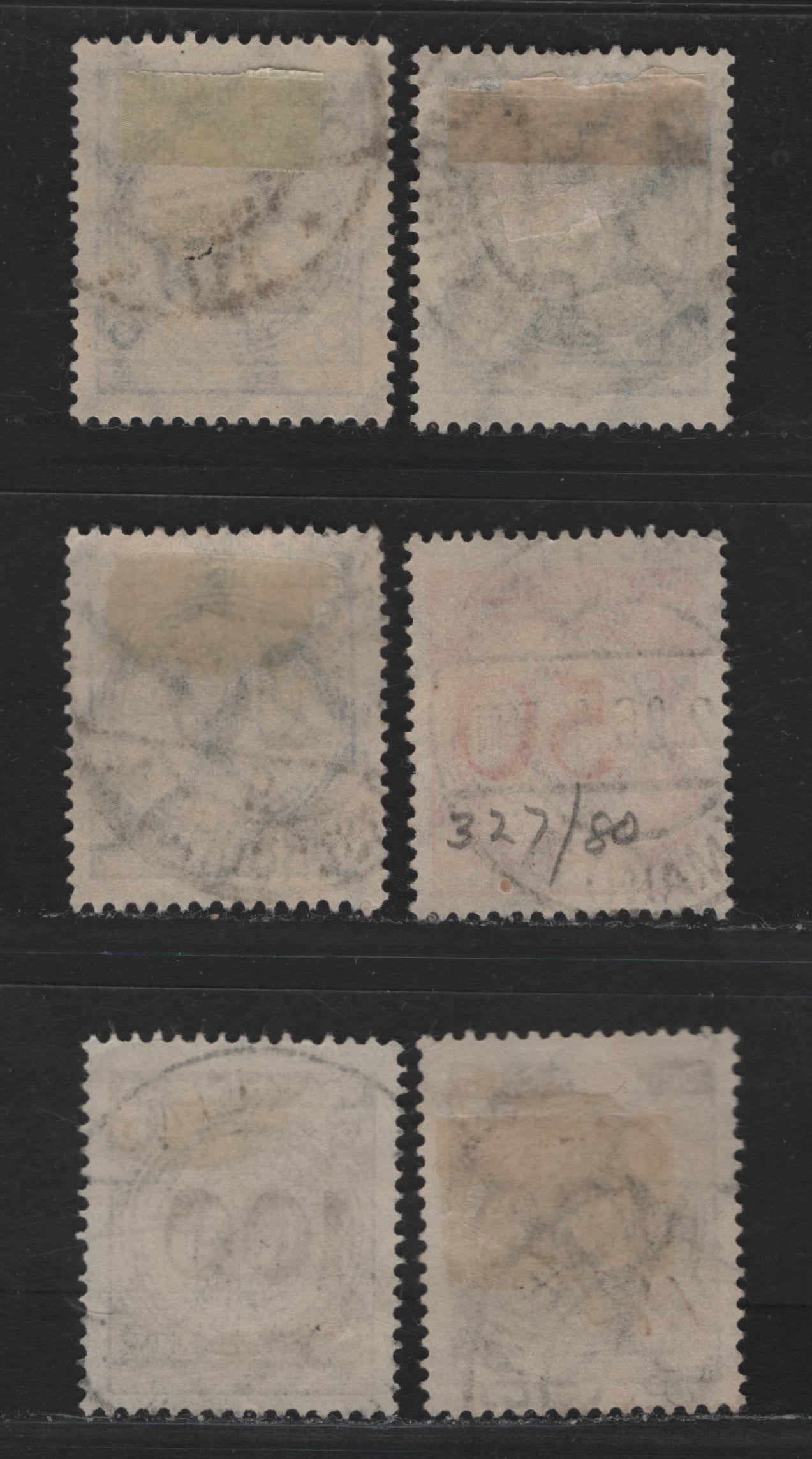 Lot 176 Germany SC#326-328var (341P, 342P, 343P) 20pf - 100pf Dark Lilac Ultramarine - Blackish Violet Purple , 1923 Revalued Florette Numeral Issue, 6 Very Fine Used Singles, Flat Plate Printings With Misplaced Numerals, All Shifted Out of Center