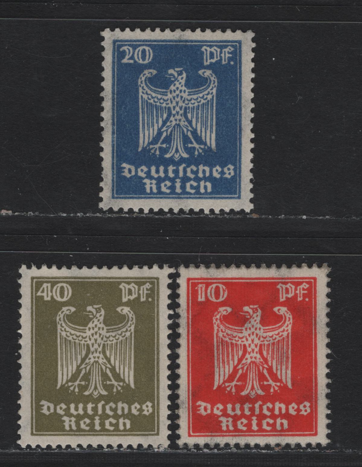 Lot 179 Germany SC#332-333, 335 (357x, 358x, 360x) 10pf - 40pf Vermillion - Olive Green , 1924 German Eagle Issue, 3 VFOG UL Singles, Sweated or Brushed Gum, Professionally Done To Make it Appear NH