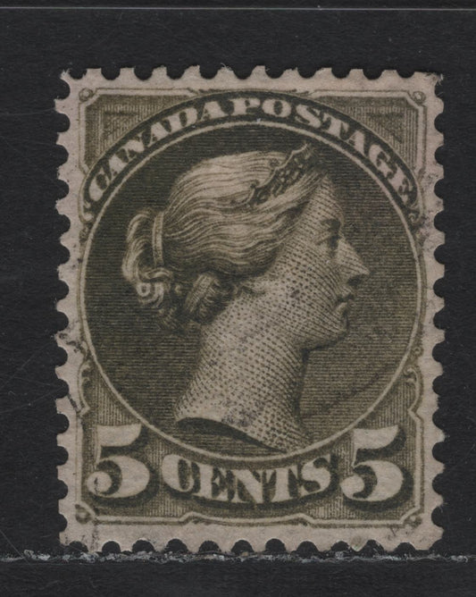 Lot 18 Canada #38i 5c Deep Olive Green Queen Victoria, 1870-1893 Small Queen Issue, A Very Fine Used Single, Late Montreal Printing, Lightest Cancel & Deep Rich Color, Paper MM-V.