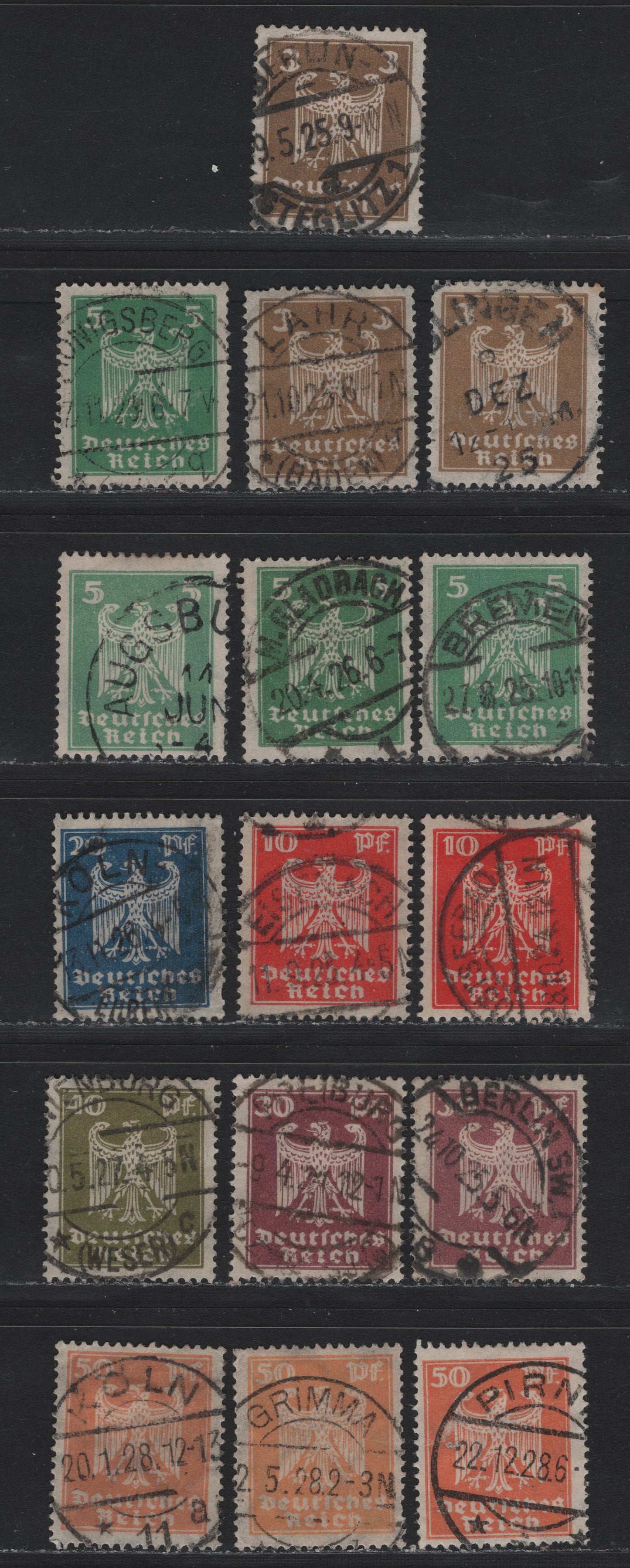 Lot 184 Germany SC#330-336 (355xa-361x) 3pf - 50pf Lively Ochre Brown - Lively Orange , 1924 German Eagle Issue, 16 Fine/Very Fine Used Singles, Complete Set With Shade Varieties, All Readable CDS Town Cancels