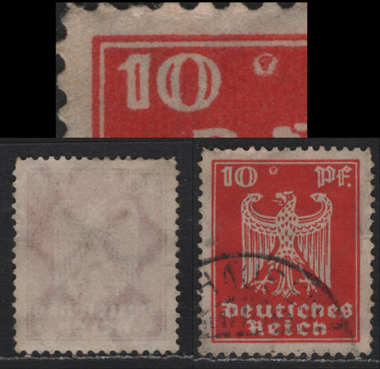 Lot 185 Germany SC#332var (357xvar) 10pf Vermillion , 1924 German Eagle Issue, A Fine Used Single, Large Pruinting Flaw To Right Of Left '10'