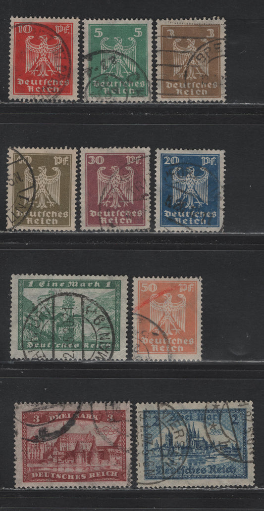 Lot 186 Germany SC#330-339 (355xa-361x, 364x-366x) 3pf - 3m Lively Ochre Brown - Claret , 1924 German Eagle & Castle Definitives, 10 Fine/Very Fine Used Singles