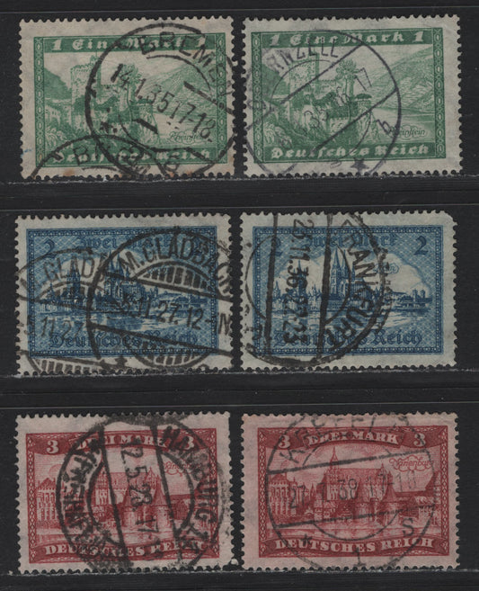 Lot 188 Germany SC#337-339 (364x-366x) 1m - 3m Dark Green - Claret , 1924 Castles Issue, 6 Fine Used Singles, Different Town Cancels