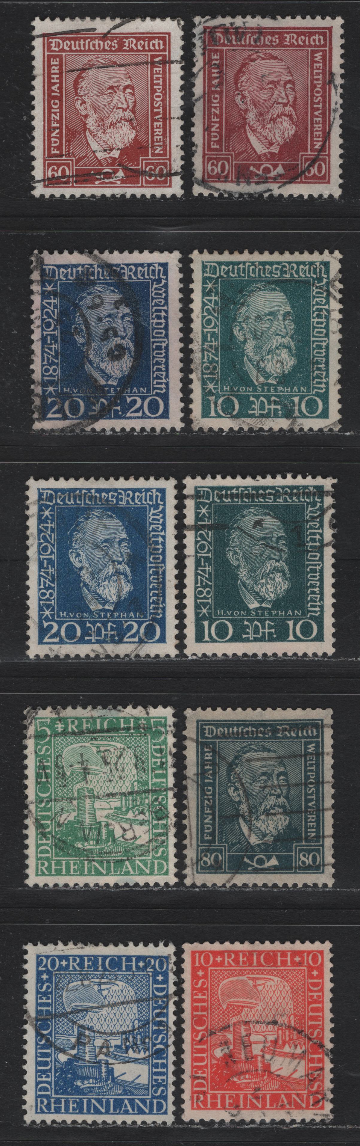 Lot 190 Germany SC#340-343, 342a, 347-349 (362x-y, 363x, 368-369, 372-374) 10pf - 20pf Dark Blue Green - Deep Blue , 1924-1928 50th Anniv Of UPU - 1000 Years' Union Of Rhineland Issues, 10 Very Fine Used Singles, Normal & Chalky Papers