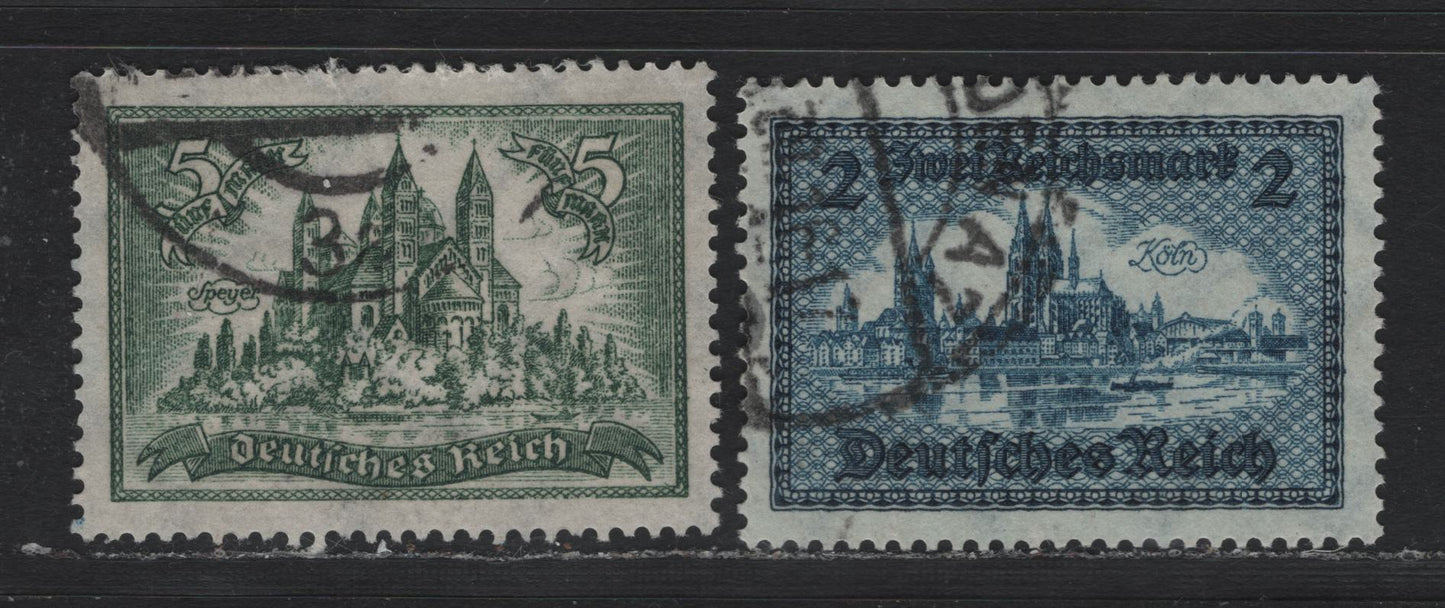 Lot 195 Germany SC#350, 387 (367x, 440) 5m - 2m Dull Green - Blue , 1925-1930 Castles Issue, 2 Very Fine Used Singles, Reichsmark Inscription On 2m