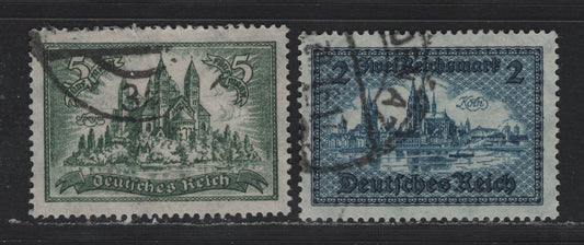 Lot 195 Germany SC#350, 387 (367x, 440) 5m - 2m Dull Green - Blue , 1925-1930 Castles Issue, 2 Very Fine Used Singles, Reichsmark Inscription On 2m