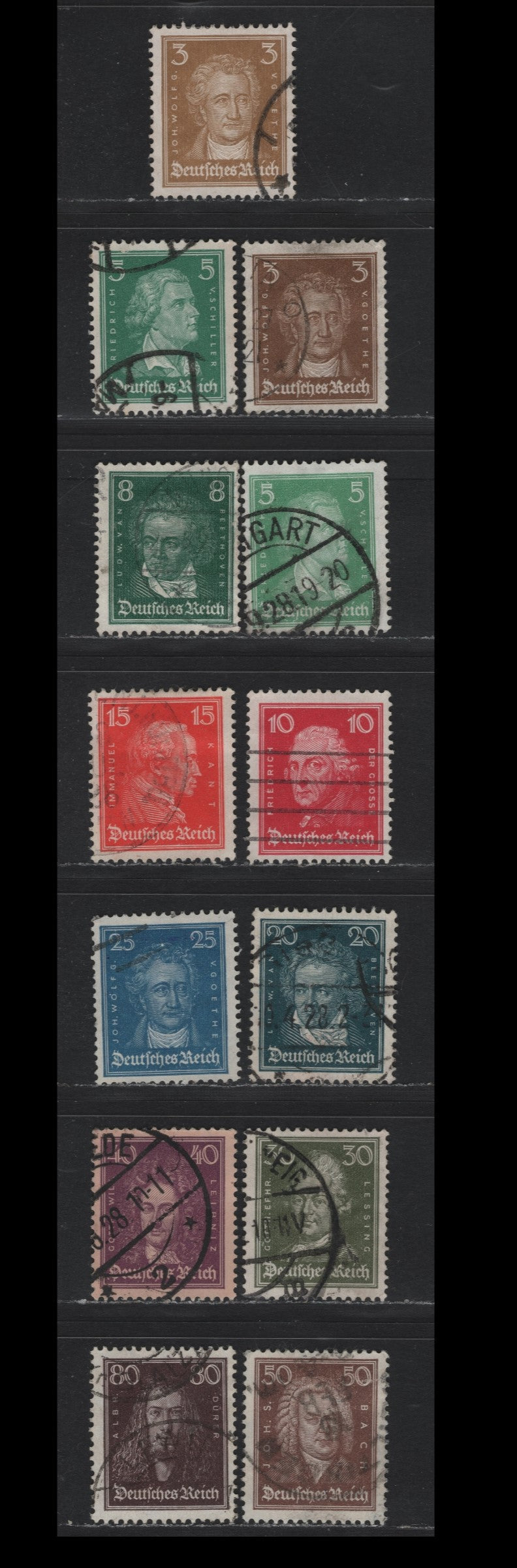Lot 198 Germany SC#351-362, 353, (385-397) 3pf - 80pf Olive Brown - Blackish Lilac Brown , 1926-1927 Composers & Artists, 13 Fine Used Singles, Fine Used Set With Both Shades Of 3pf & 5pf
