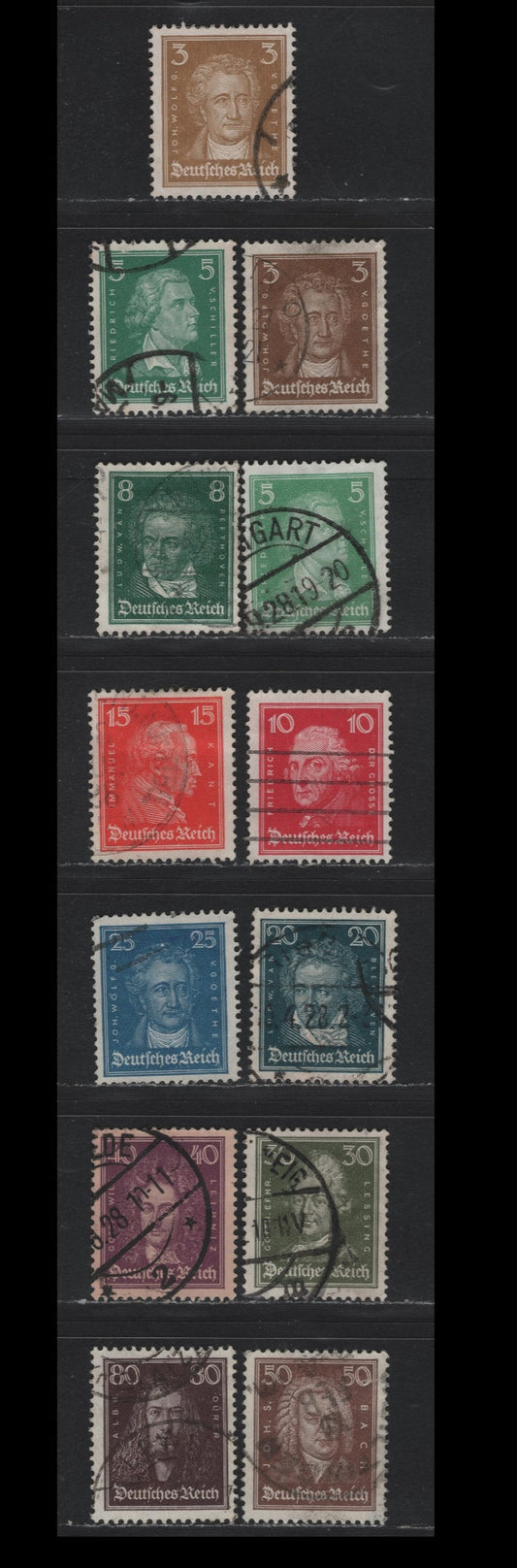 Lot 198 Germany SC#351-362, 353, (385-397) 3pf - 80pf Olive Brown - Blackish Lilac Brown , 1926-1927 Composers & Artists, 13 Fine Used Singles, Fine Used Set With Both Shades Of 3pf & 5pf