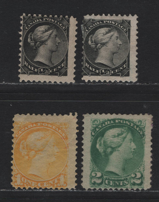 Lot 2 Canada #34, 35i, 36i 1/2c - 2c Black - Green Queen Victoria, 1870-1893 Small Queen Issue, 4 G/VGOG Singles, A Selection of Second Ottawa Printings, Unchecked As To Paper & Perf, With The 2nd Having Interesting Markings In The 2's.