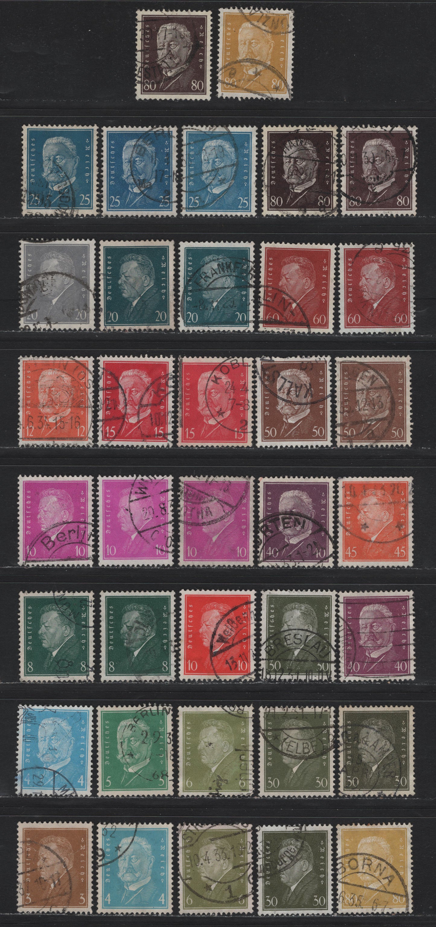 Lot 202 Germany SC#366-384 (410-422, 435-437, 454, 465-466) 3pf - 80pf Bistre - Yellow Bistre , 1928-1932 Ebert & Hindenburg Issue, 37 Very Fine Used Singles, Includes Shade Variations of Most Values