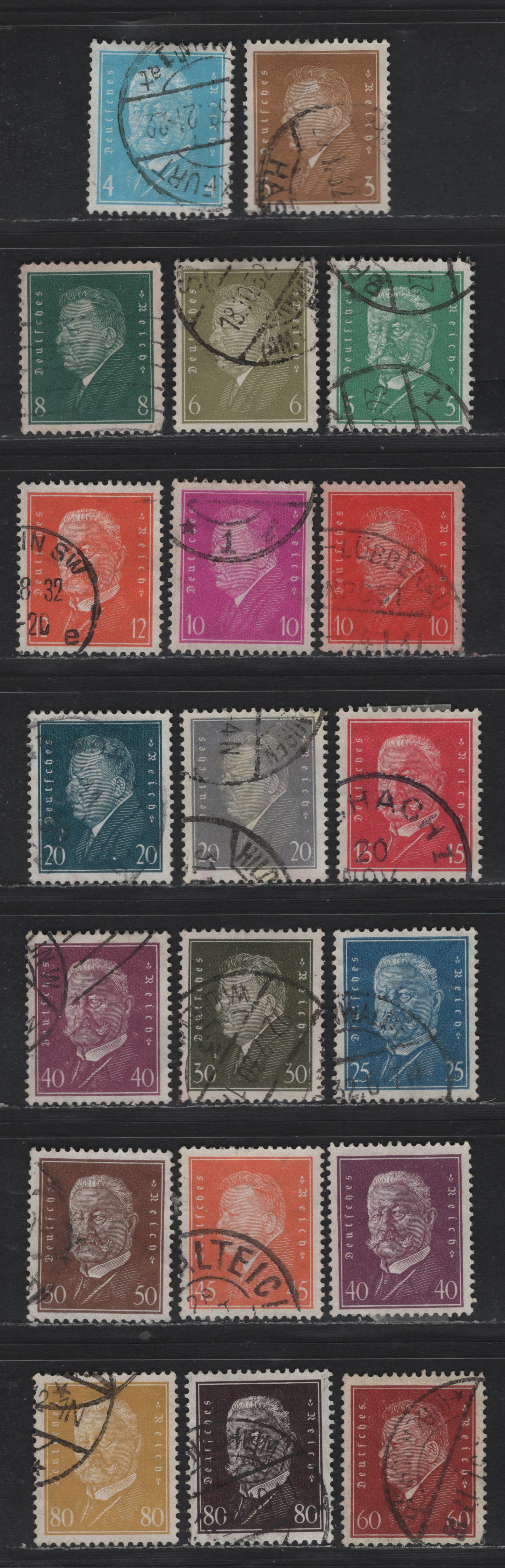 Lot 203 Germany SC#366-384 (410-422, 435-437, 454, 465-466) 3pf - 80pf Bistre - Yellow Bistre , 1928-1932 Ebert & Hindenburg Issue, 20 Very Fine Used Singles