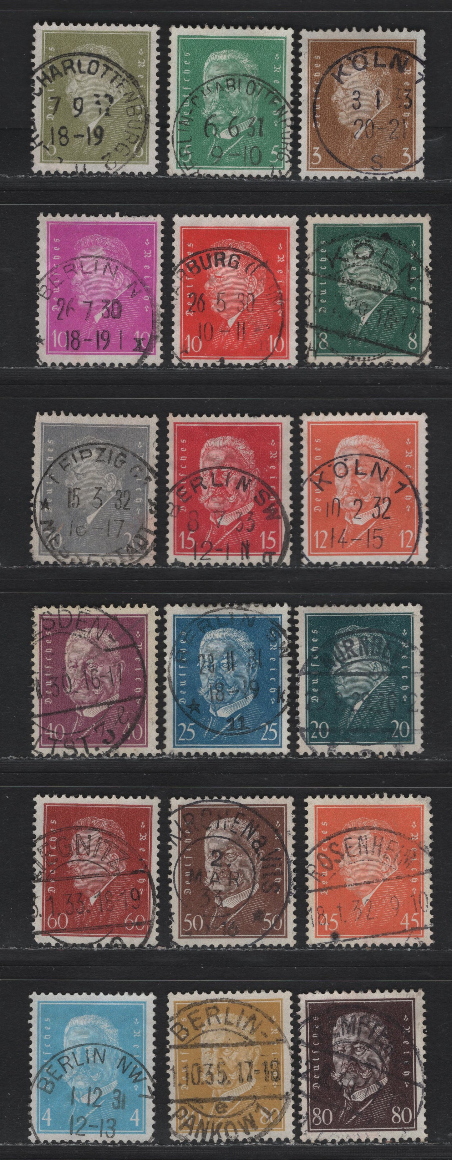 Lot 204 Germany SC#366-384 (410-422, 435-437, 454, 465-466) 3pf - 80pf Bistre - Yellow Bistre , 1928-1932 Ebert & Hindenburg Issue, 18 Very Fine Used Singles, As Lot 203, But All With SON Dated Town Cancels