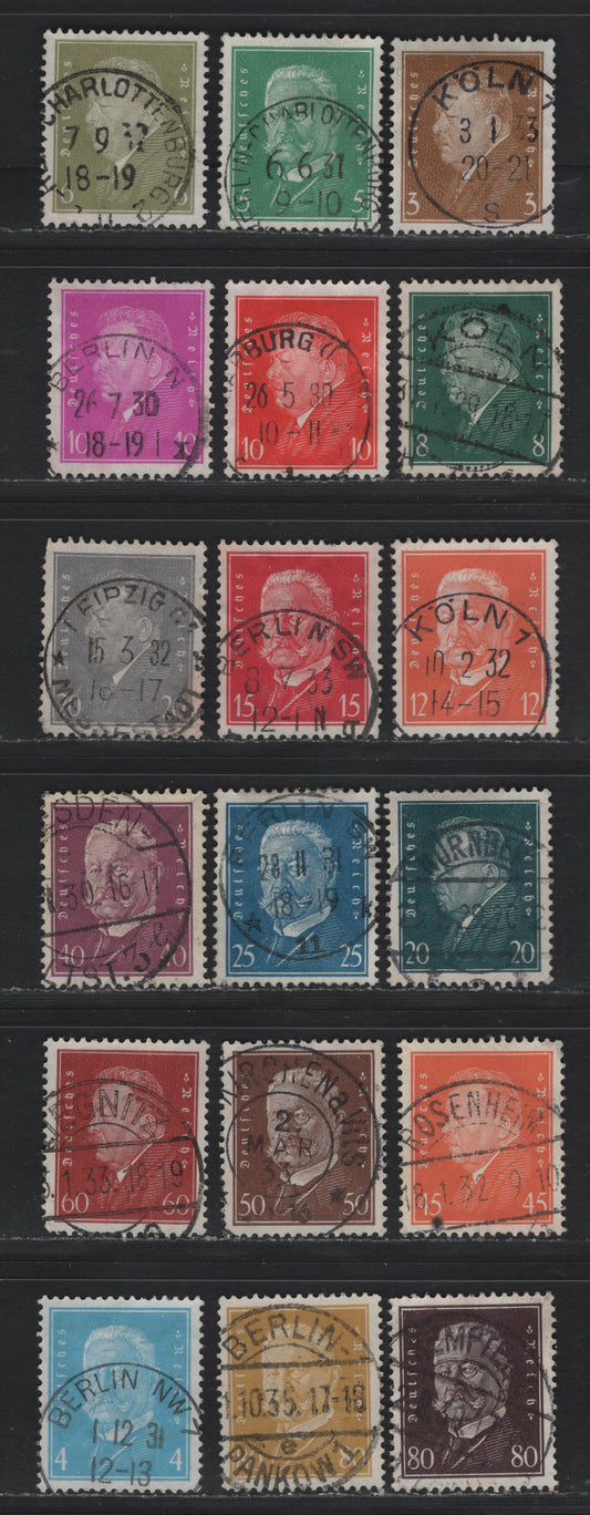 Lot 204 Germany SC#366-384 (410-422, 435-437, 454, 465-466) 3pf - 80pf Bistre - Yellow Bistre , 1928-1932 Ebert & Hindenburg Issue, 18 Very Fine Used Singles, As Lot 203, But All With SON Dated Town Cancels