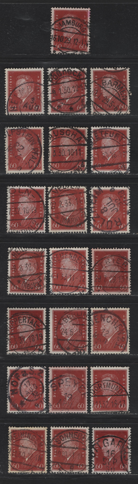 Lot 206 Germany SC#382 (421) 60pf Orange Brown , 1928-1932 Ebert & Hindenburg Issue, 22 Fine/Very Fine Used Singles, All With Readable, Dated Town Cancels