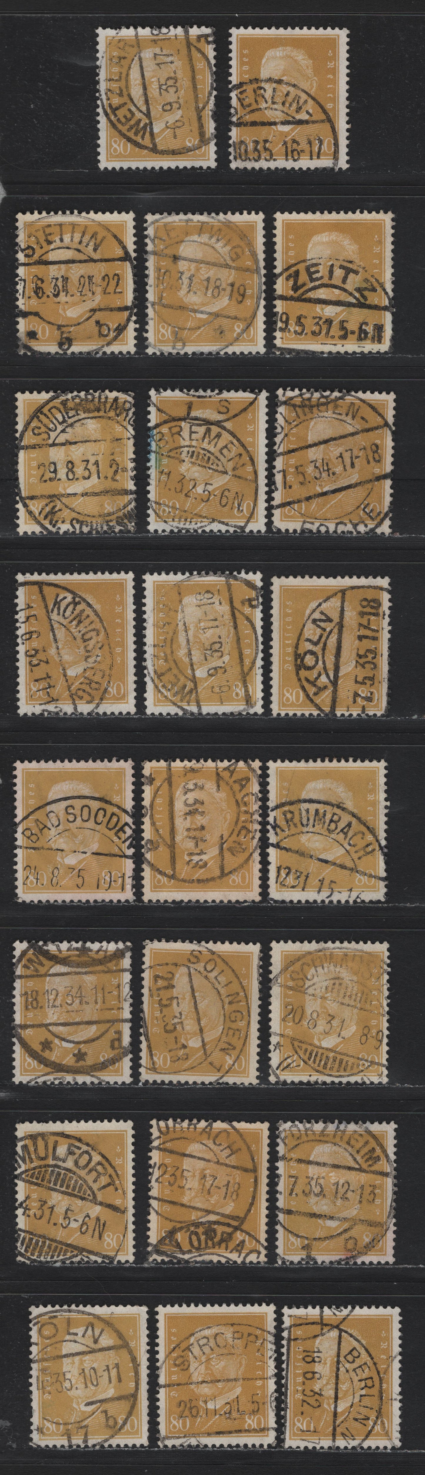 Lot 208 Germany SC#384 (437) 80pf Yellow Bistre , 1928-1932 Ebert & Hindenburg Issue, 23 Fine/Very Fine Used Singles, All With Dated Readable Town Cancels