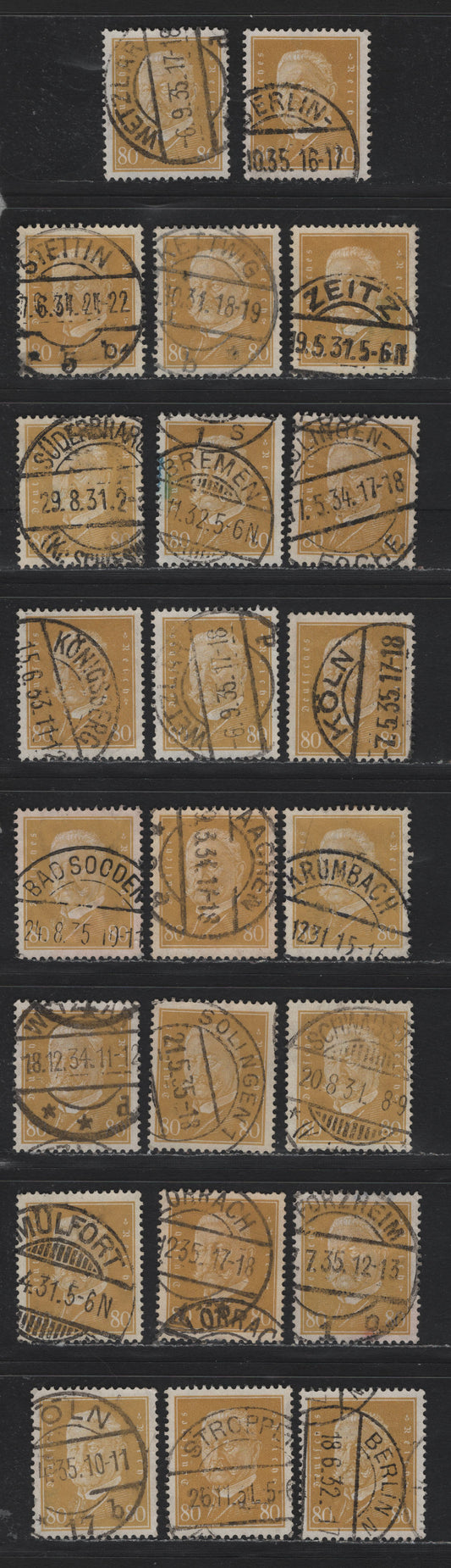 Lot 208 Germany SC#384 (437) 80pf Yellow Bistre , 1928-1932 Ebert & Hindenburg Issue, 23 Fine/Very Fine Used Singles, All With Dated Readable Town Cancels