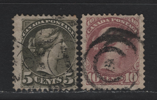 Lot 21 Canada #38i, 40 5c Deep Olive Green & Dull Rose Lilac Queen Victoria, 1870-1893 Small Queen Issue, 2 Fine Used Singles, Late Montreal Printings, Perf 12, LM-R & LM-F Papers.