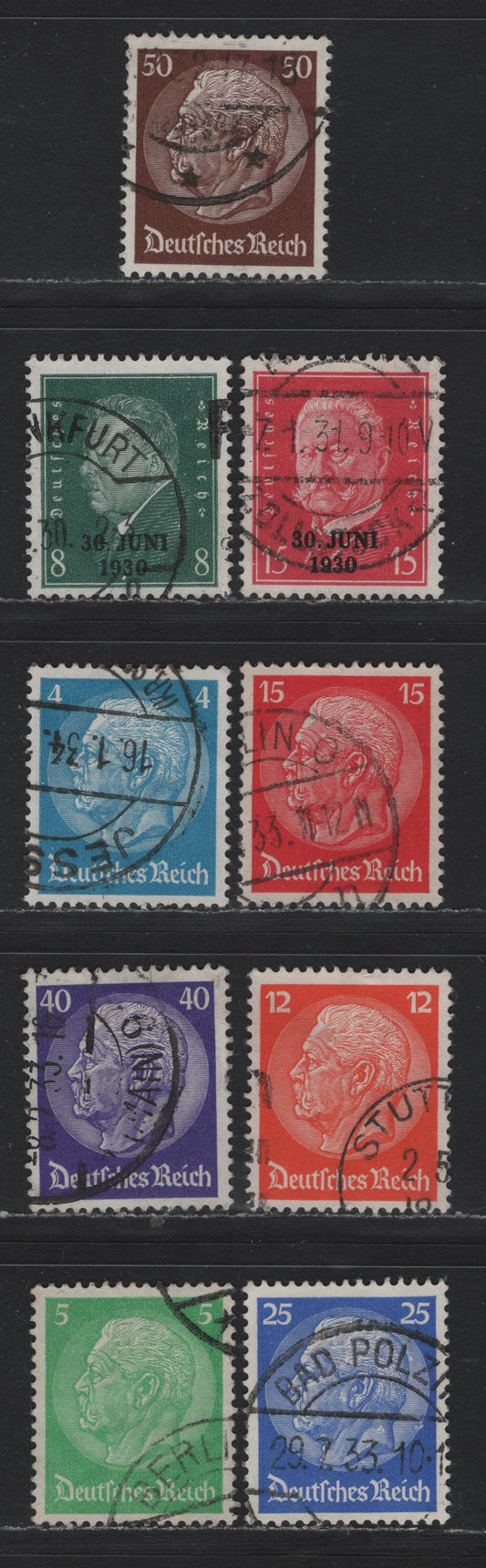 Lot 212 Germany SC#385-386, 391-397 (444-445, 467-473) 8pr - 50pf Dark Green - Dark Brown , 1930-1932 Evacuation of Rhineland - 85th Virthday of Von Hindenburg Issue, 9 Very Fine Used Singles, Network Wmk