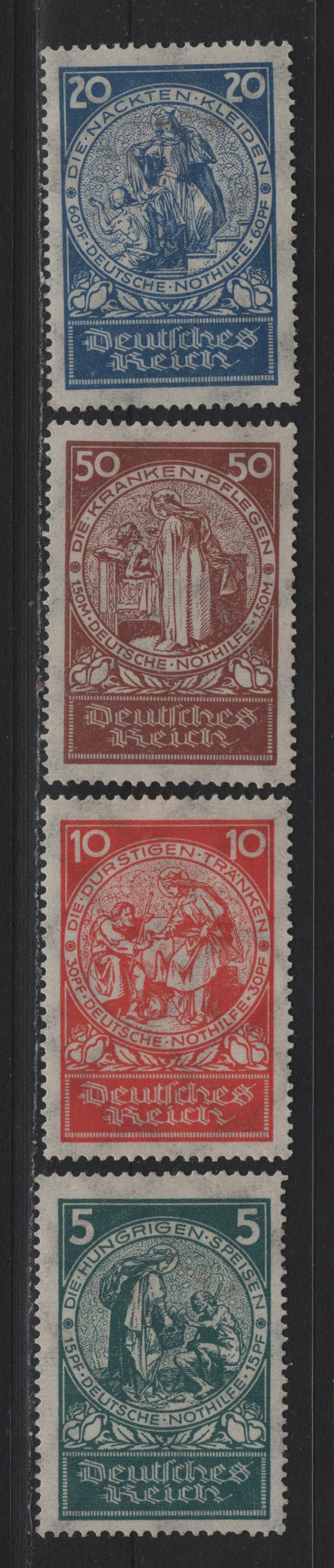 Lot 214 Germany SC#B8-B11 (351-354) 5pf+15pf - 50pf+1.5m Dark Green - Red Brown , 1924 Emergency Aid Semi Postal Issue, 4 F/VFOG Singles
