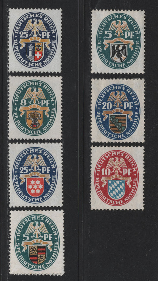 Lot 215 Germany SC#B12-B17, B23, B31 (375-377, 398y-399y, 400, 425y, 433) 5pf+5pf - 25pf+10pf Multicolored , 1925-1929 Arms Semi Postal Issue, 8 VFOG Singles, Network Wmk, Which Is Sideways On B15-16 & B23