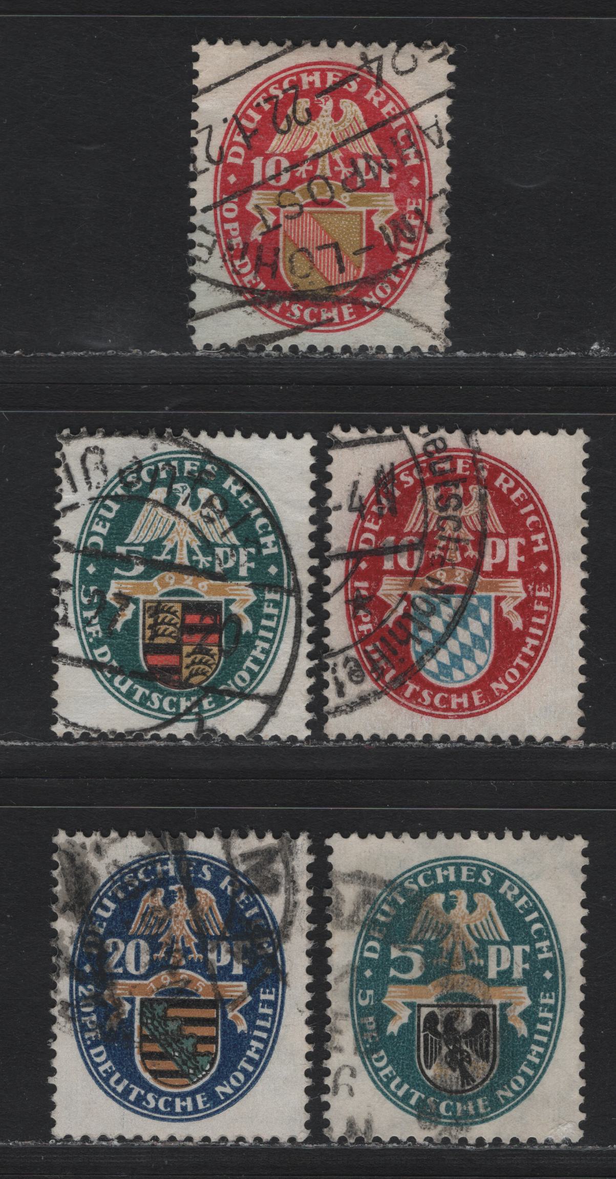 Lot 217 Germany SC#B12-B16 (375-377, 398y-399y) 5pf+5pf - 20pf+20pf Multicolored , 1925-1926 Arms Semi Postal Issue, 5 Fine/Very Fine Used Singles