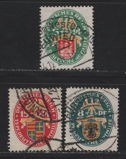 Lot 218 Germany SC#B23-B25 (425y-427y) 5pf+5pf - 15pf+15pf Multicolored , 1928 Arms Semi Postal Issue, 3 Very Fine Used Singles, Sideways Wmk